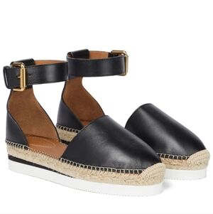 See By Chloe Espadrille Sandals 8.5 Black Leather Glyn Ankle Strap Boho New $325